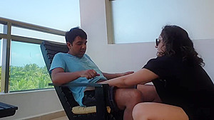 Caught giving blowjob and getting creampied by strangers on public balcony