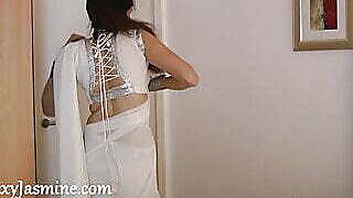 Indian Beautiful Teen Babe Jasmine Striptease and Fingering In White Desi Sari