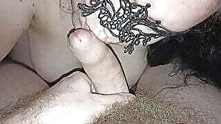 MILF gives a hard blowjob and smears cum all over her face.