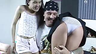 Young coeds with no tits grab giant cock and get fucked on bed